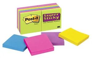 Selbstklebeblock, 76x76 mm, 100 Blatt, 3M POSTIT „Super Sticky“, gemischte Farben